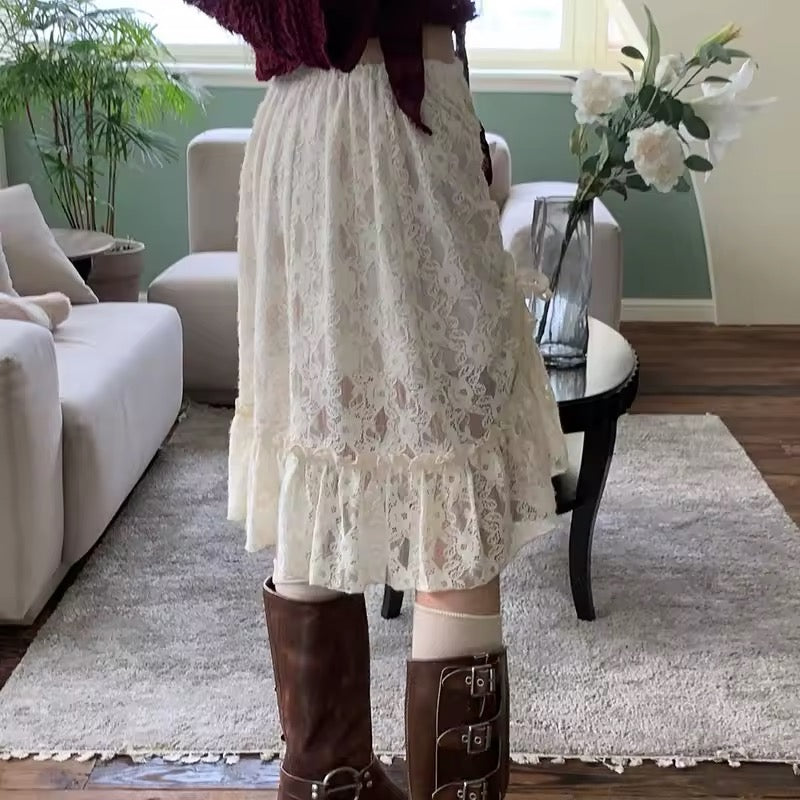 Y2K aesthetic low-rise lace bandage skirt with ruffle details

