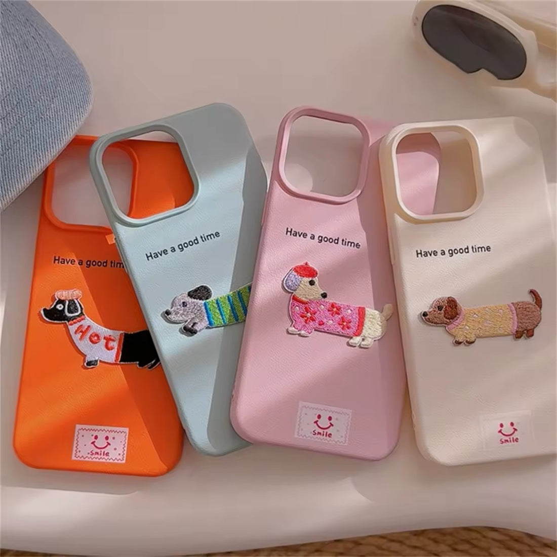 Sweet kawaii dachshund print cover for iPhone 14 Plus in leather texture