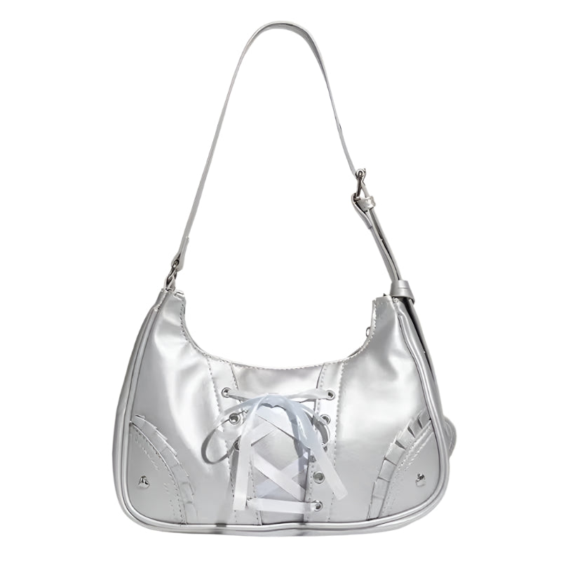 Japanese Harajuku style handbag in black and silver with heart accent and aesthetic lace outfit