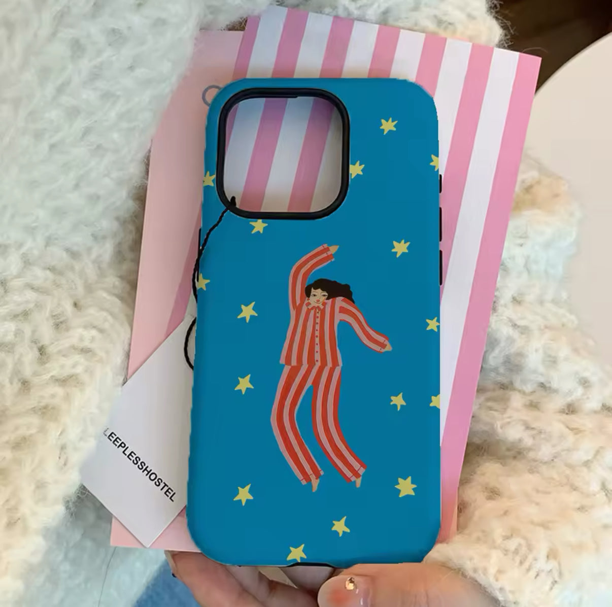 Sleep Girl iPhone case featuring girl in blue pajamas and stars