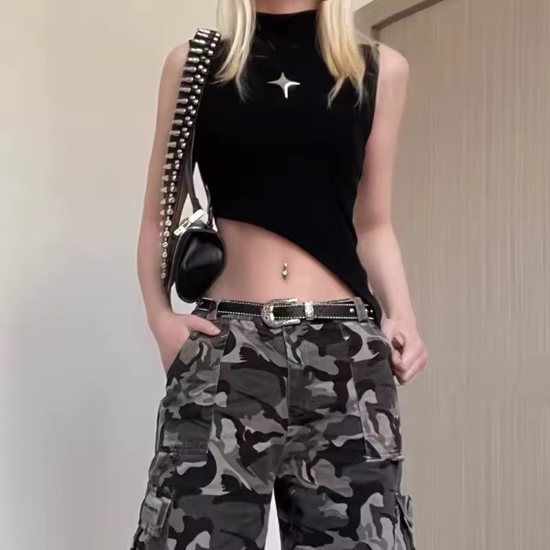 Y2K cyber grunge fashion tank top with a unique riveted patchwork design