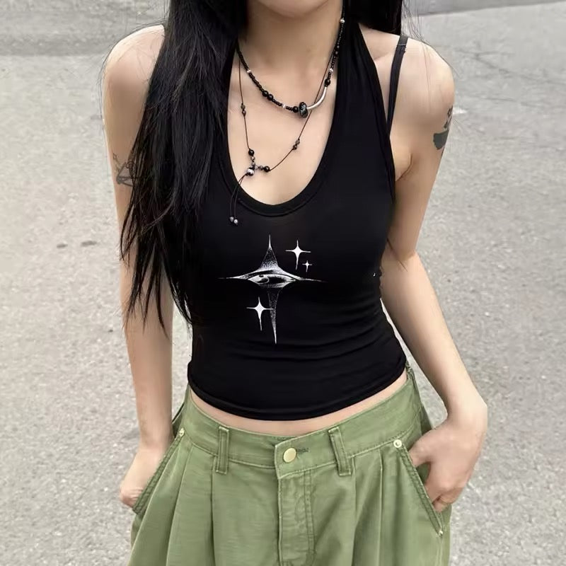 Slim fit sleeveless vest with retro devil eyes graphic