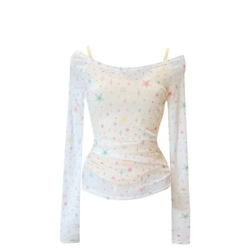 Off-shoulder vintage star tee in white with all-over print, ideal for coquette and 2000s aesthetic outfits
