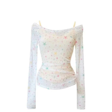 Off-shoulder vintage star tee in white with all-over print, ideal for coquette and 2000s aesthetic outfits