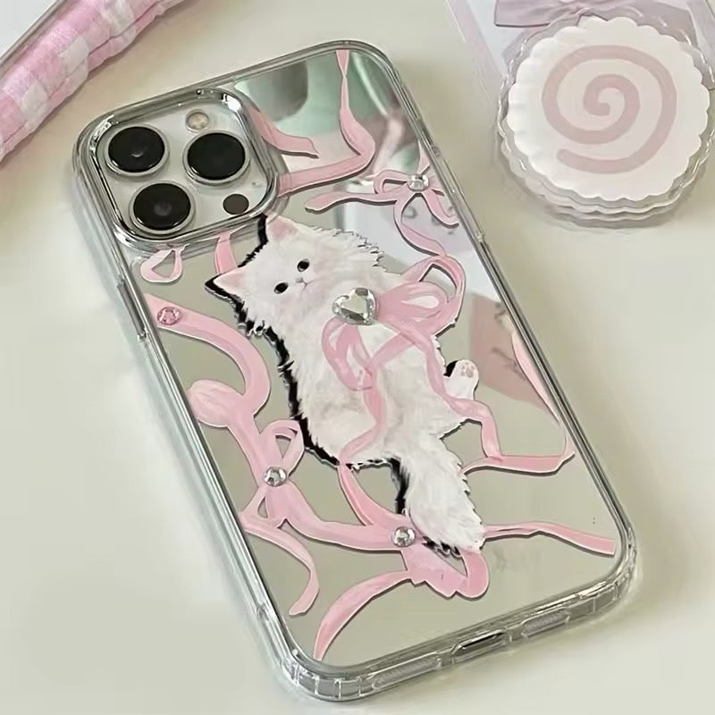 Cute Korean Aesthetic Mirror iPhone Case with Cat Design