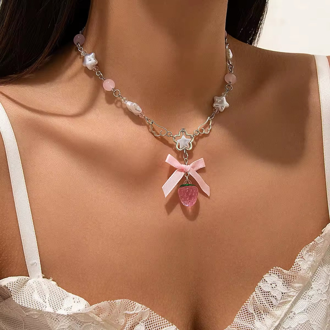 Y2K trendy strawberry pendant necklace for stylish outfits