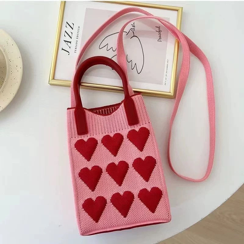 Soft girl mini shoulder bag with heart pattern in red