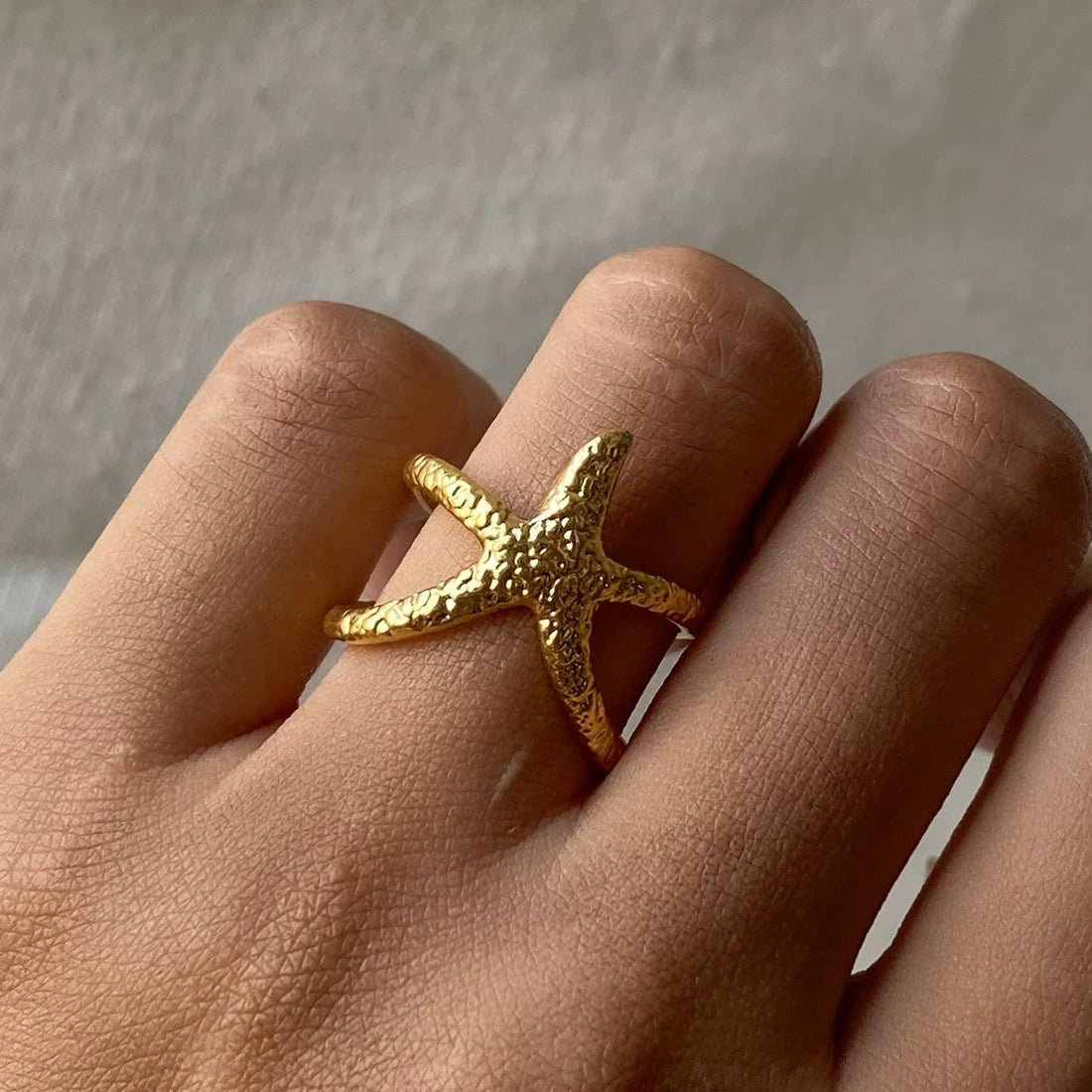 Elegant gold starfish open ring with waterproof stainless steel
