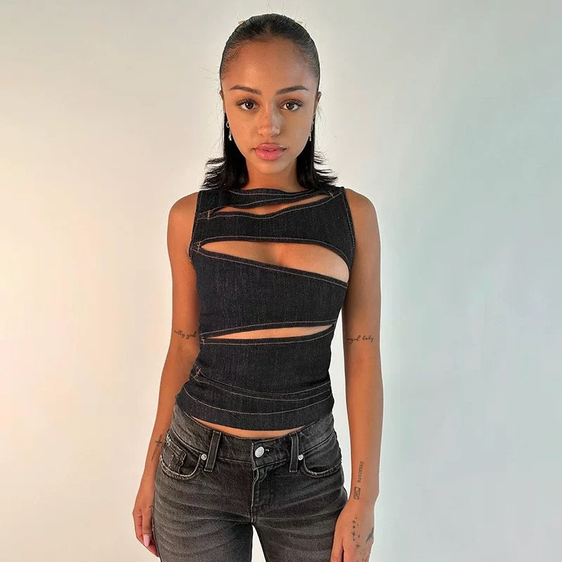 High-fashion denim crop top for bold streetwear looks