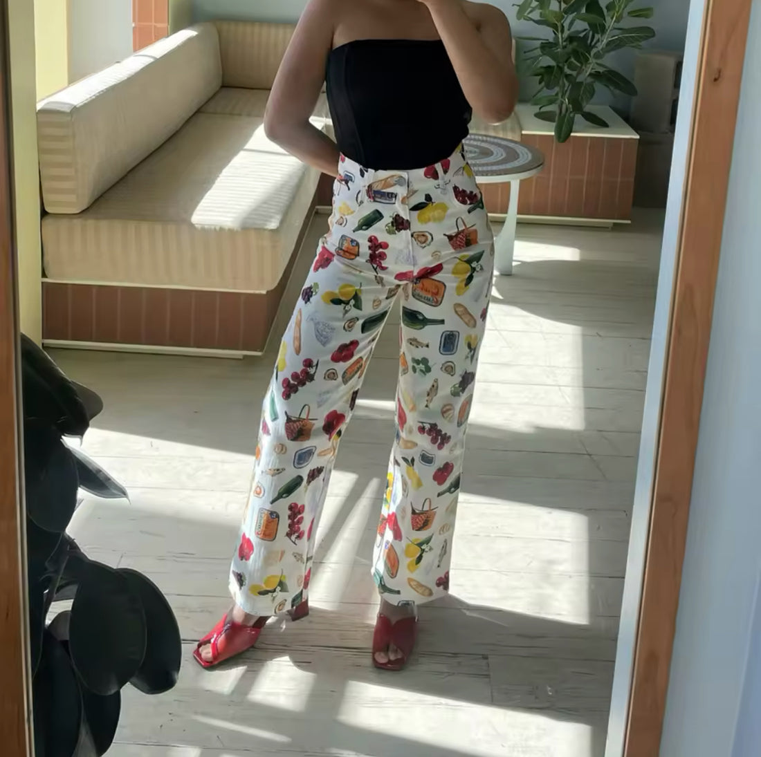 Women’s straight leg jeans with summer food themed print