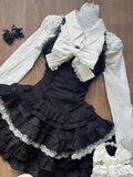 Black ruffle mini skirt and white blouse Lolita fashion