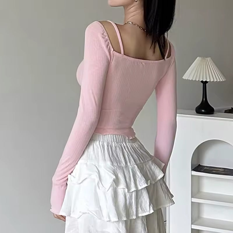 Trendy Y2K aesthetic lace-trimmed crop top
