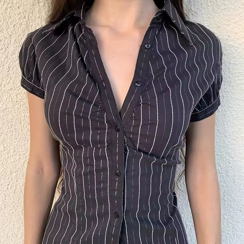 Elegant short sleeve collared shirt for French-style summer fashion