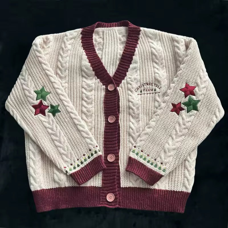 Vintage Christmas Tree cardigan with star embroidery and button-down design