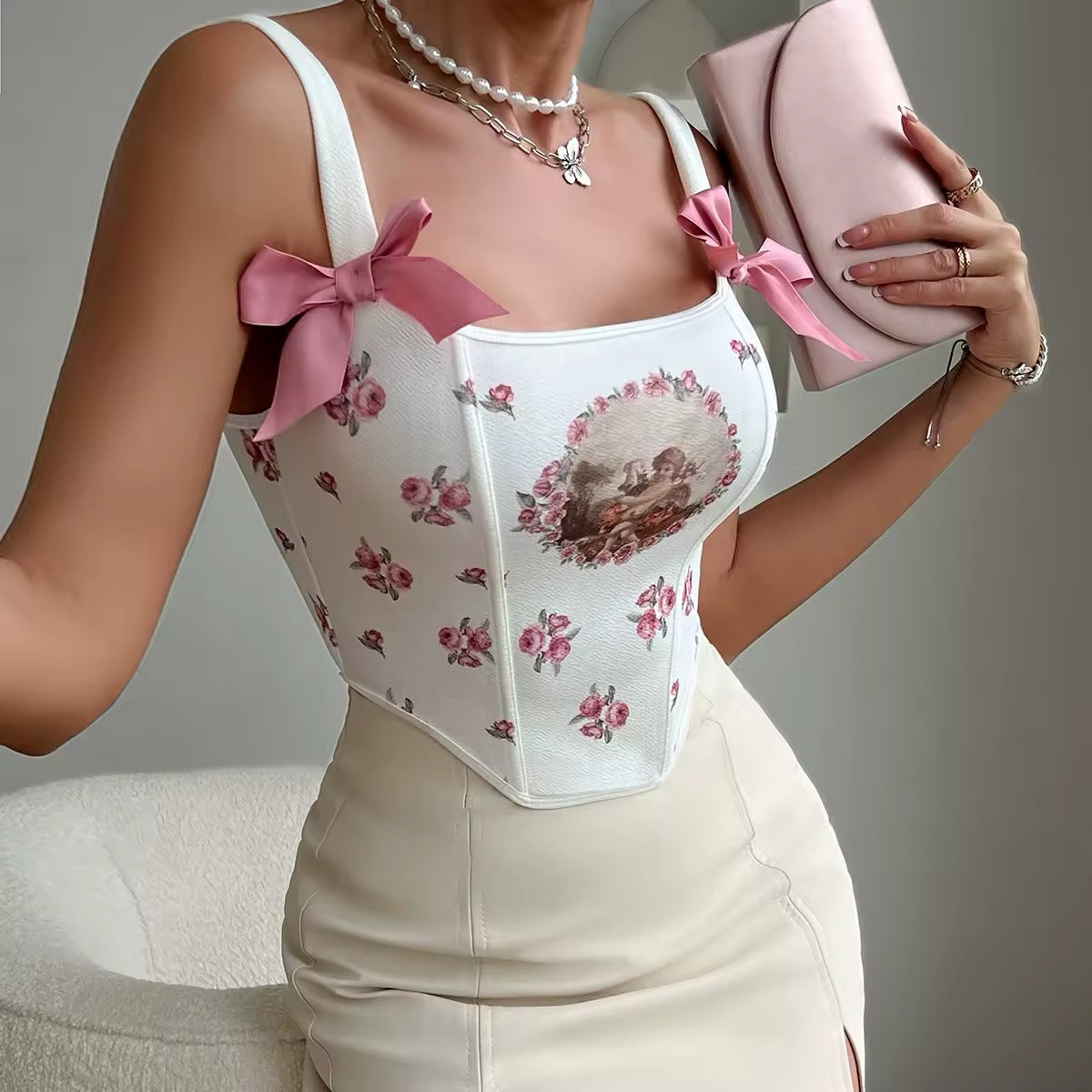 Soft girl aesthetic lace-up bustier corset with a floral print