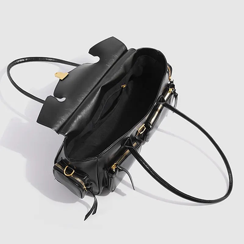 Vintage French baguette bag with multi-pocket design in brown and black faux leather