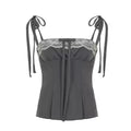 Vintage gray camisole with white lace trim and tie-up straps