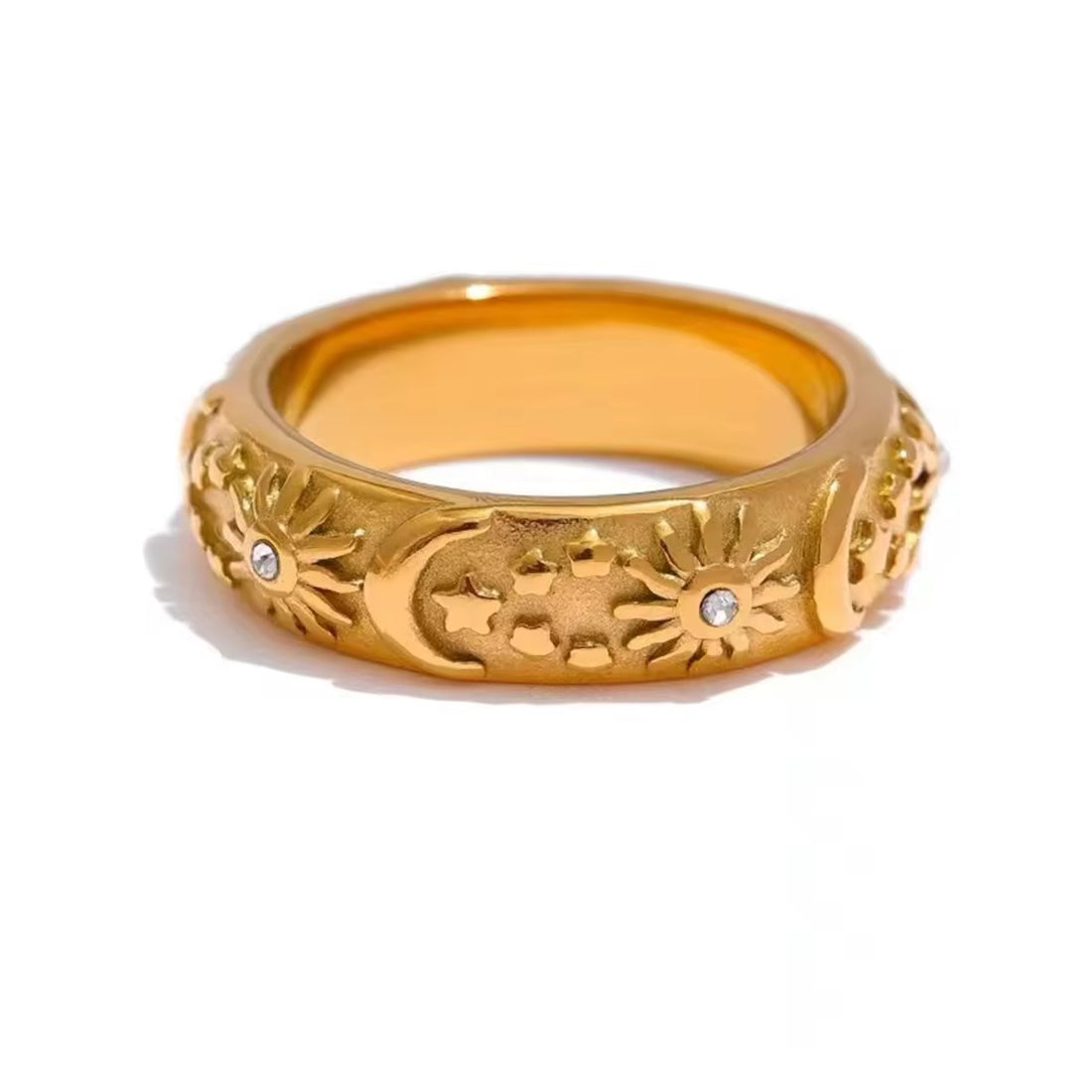 Vintage moon ring with gold sun star design