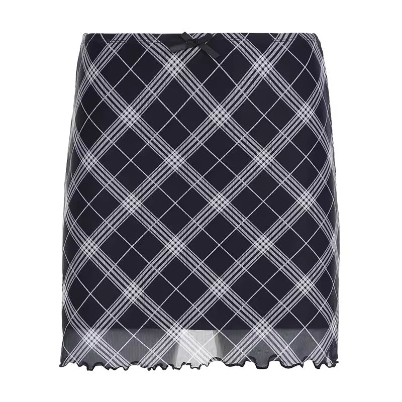Vintage Plaid Mini Skirt with High-Waist & Bow Detail