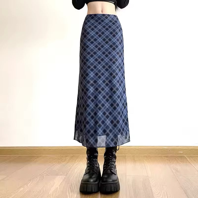 Retro plaid midi skirt with high-waist design and side slit
