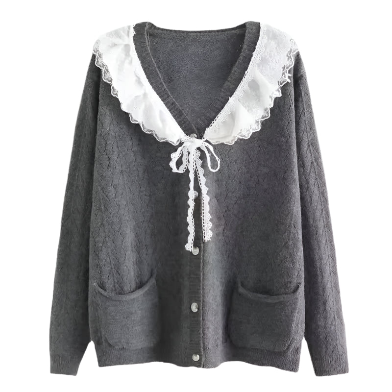 Vintage preppy cardigan with lace collar and gray knit design
