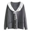 Vintage preppy cardigan with lace collar and gray knit design