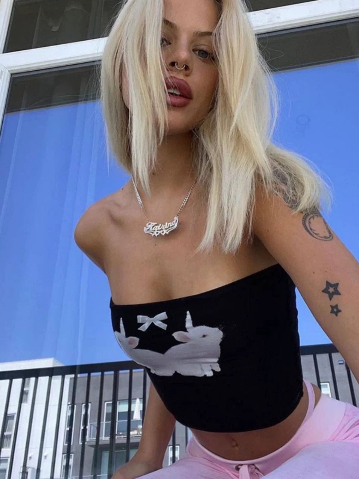 Aesthetic fairycore lace-trimmed camisole with a rabbit design