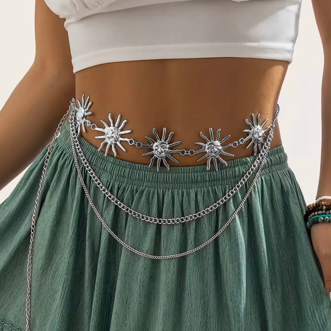 Hip hop inspired layered chain belt for women with sun pendant