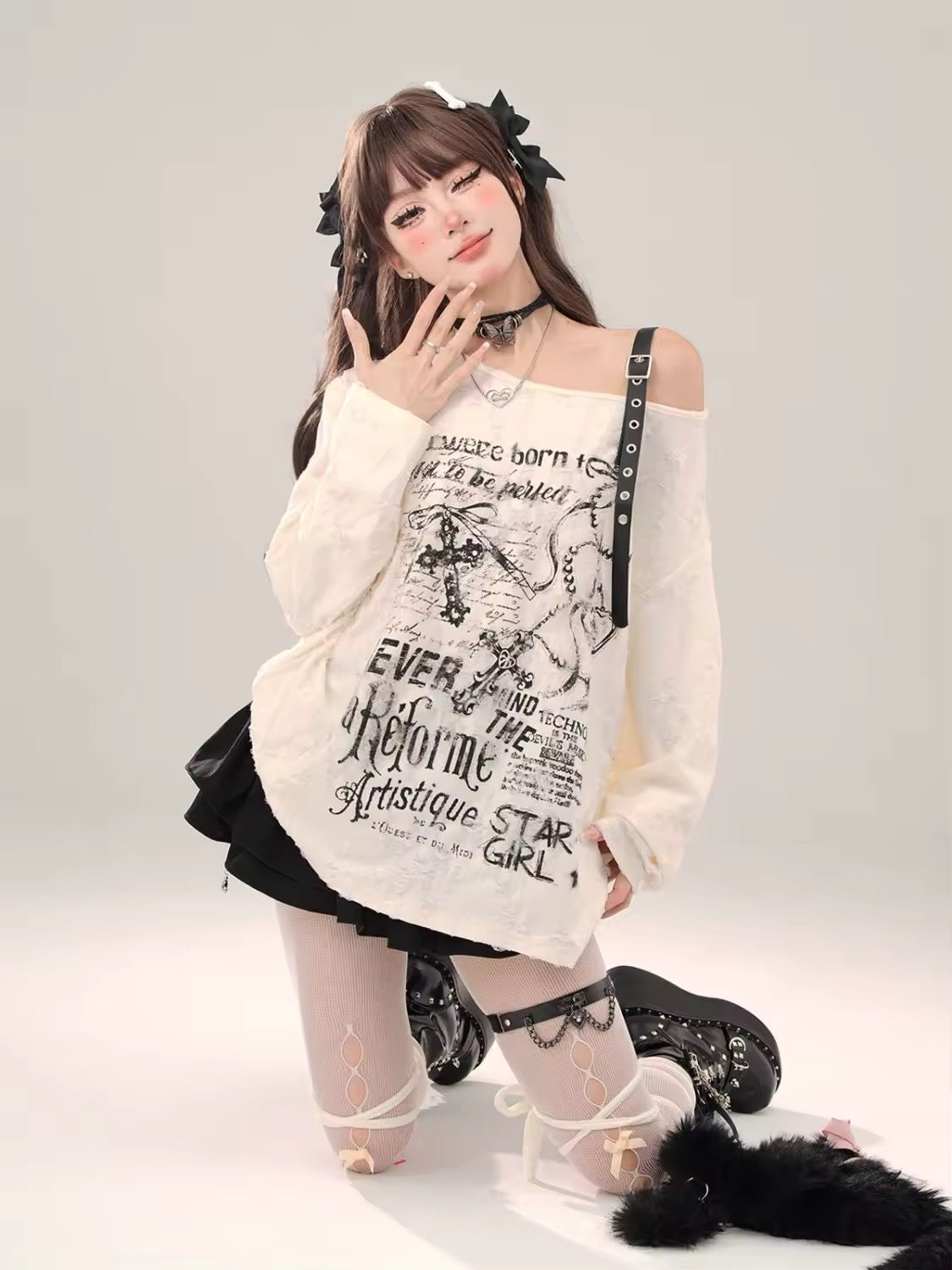 white off shoulder grunge shirt with buckle