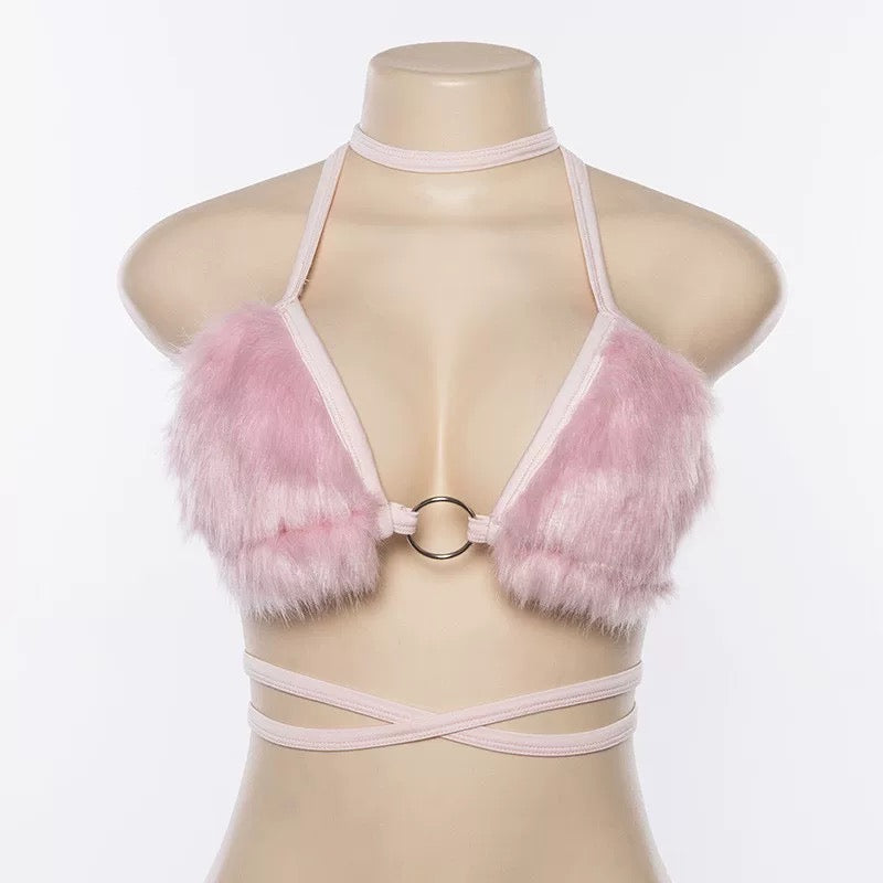 Y2K pink fur crop top, aesthetic fleece halter bralette, sexy backless vest with choker, 90s and 2000s fashion-inspired kawaii soft girl streetwear