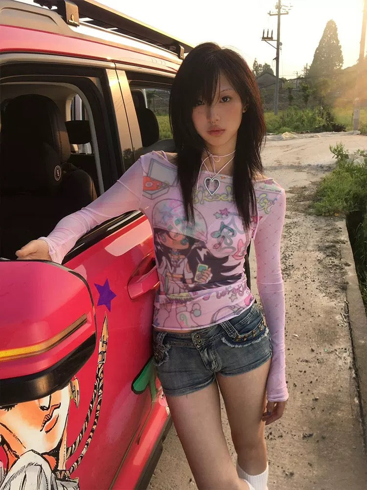 Slim fit Japanese anime sheer mesh tee for Y2K looks