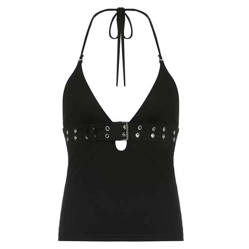 Black lace-up backless camisole for sexy high street clubwear