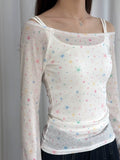 2000s aesthetic star shirt with off-shoulder neckline, flattering slim fit for Korean and Y2K inspired outfits