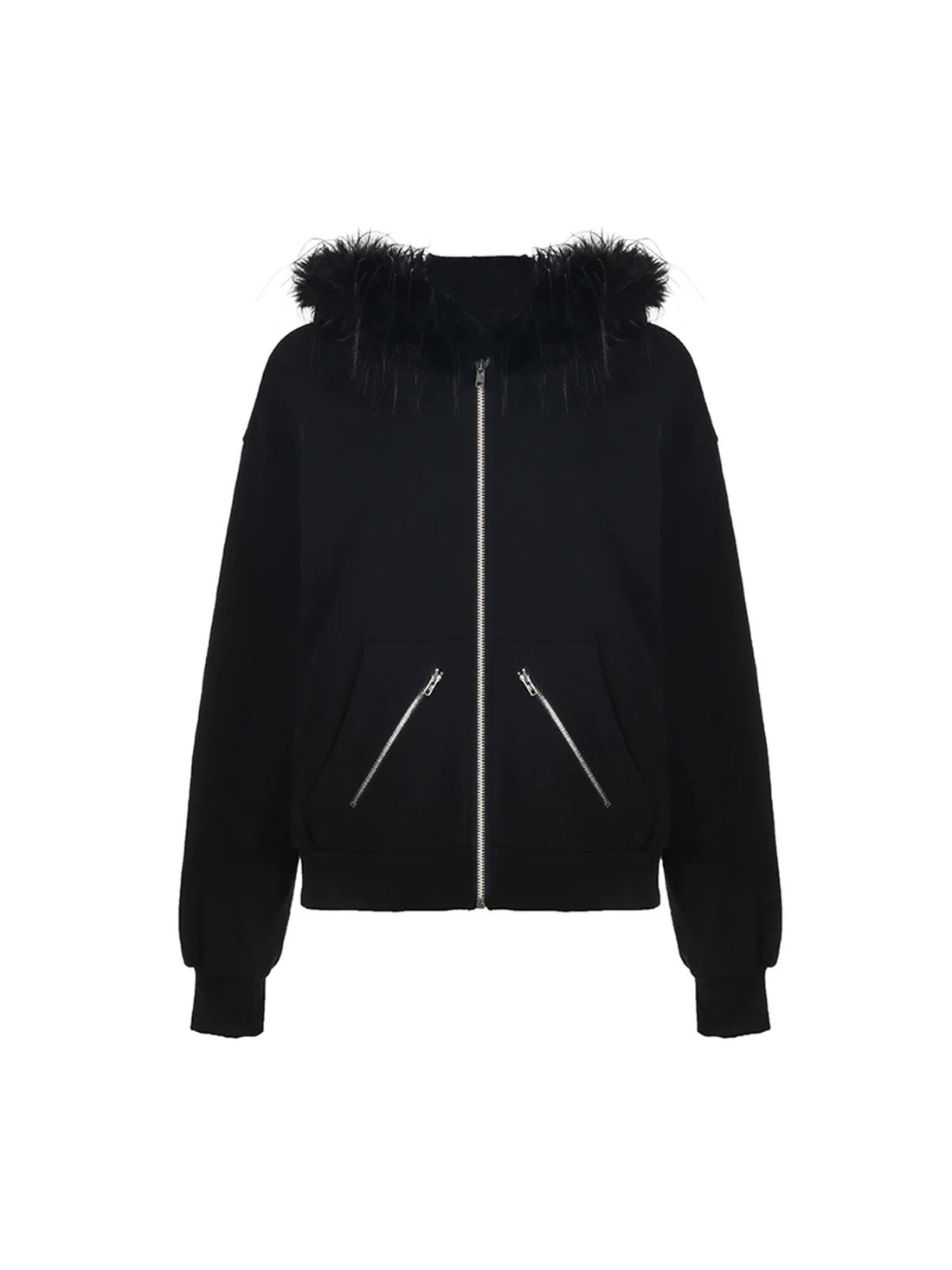 Y2K black hoodie with faux fur collar and zipper