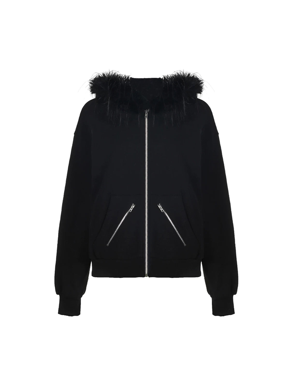 Y2K black hoodie with faux fur collar and zipper