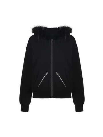 Y2K black hoodie with faux fur collar and zipper