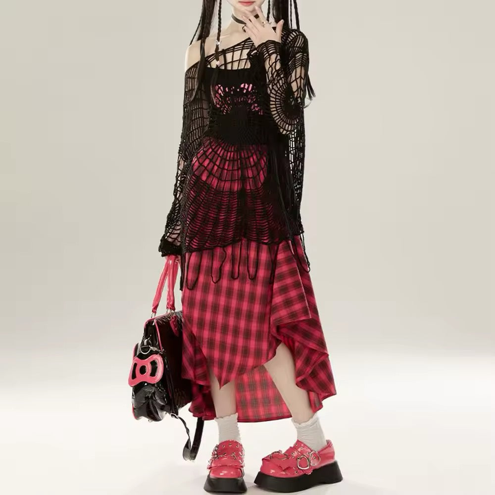 Gothic black sweater with open-knit spider web design, featuring a soft hood and raw finish, ideal for edgy streetwear