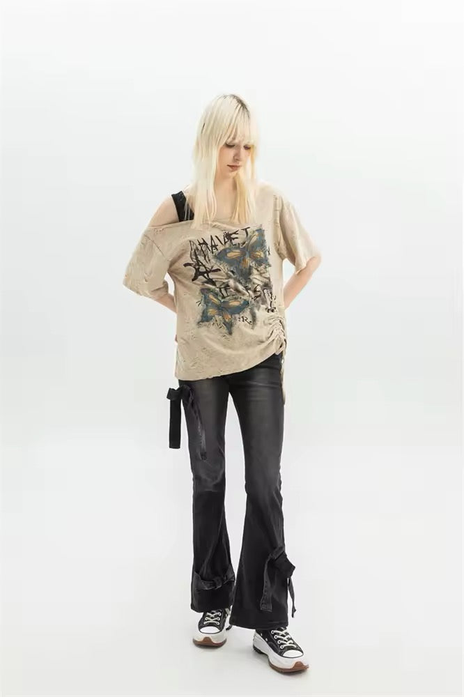 Alt Y2K grunge t-shirt with side drawstring