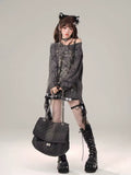 Y2K black tee with edgy letter print, gothic aesthetic women’s outfit