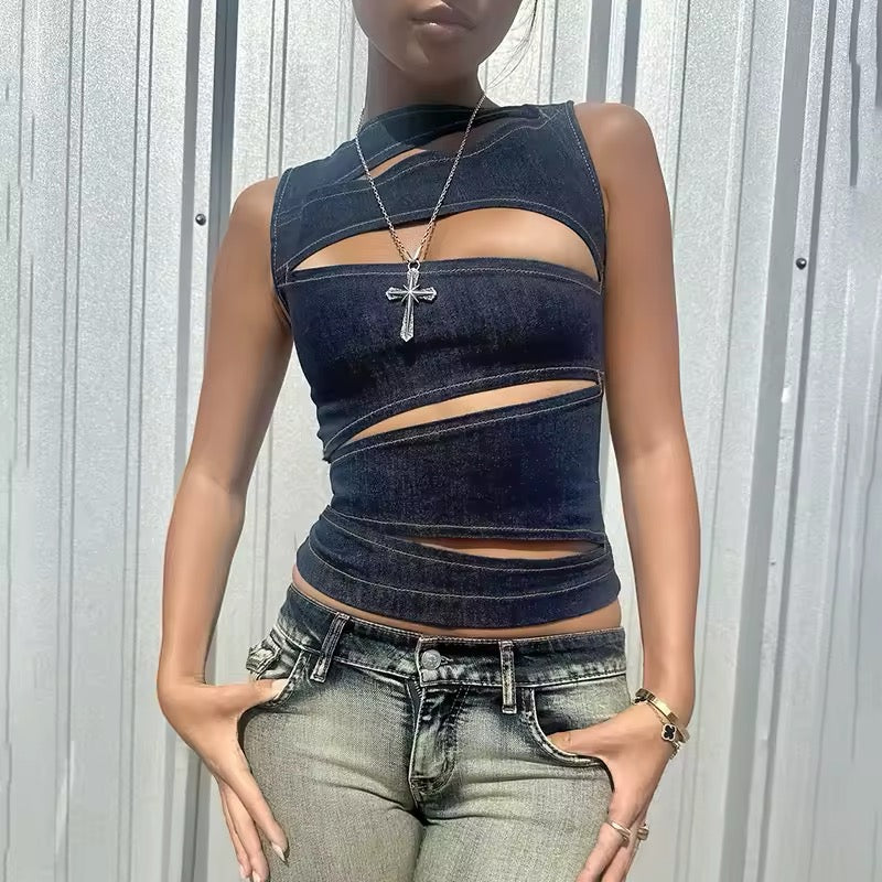 Y2K denim crop top with hollow-out details for women