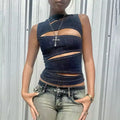 Y2K denim crop top with hollow-out details for women