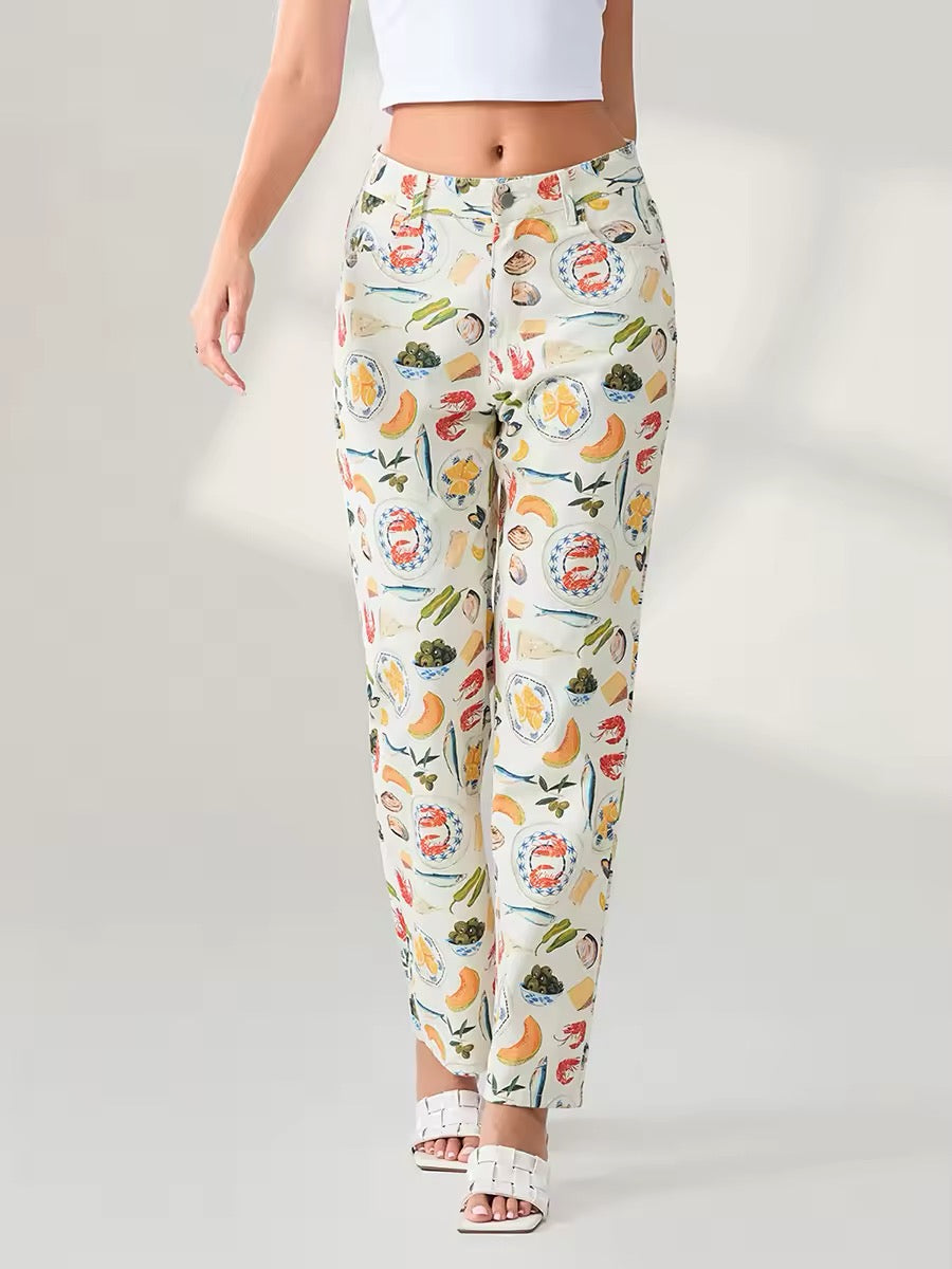 Aesthetic fashion denim with fun fruit and food illustrations