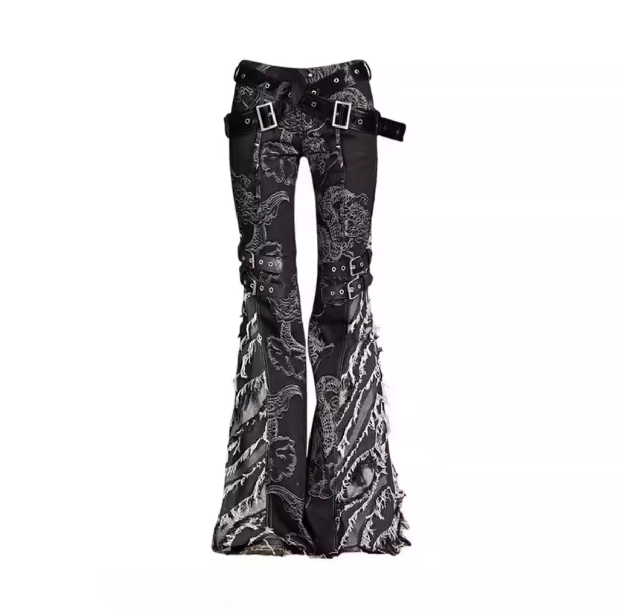 Y2K dragon flare jeans with high waist and embroidery