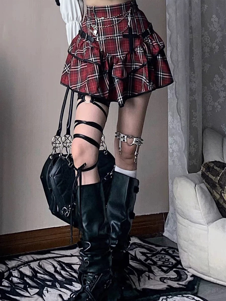 Punk gothic mini skirt with plaid print, perfect for Y2K streetwear and grunge-inspired looks