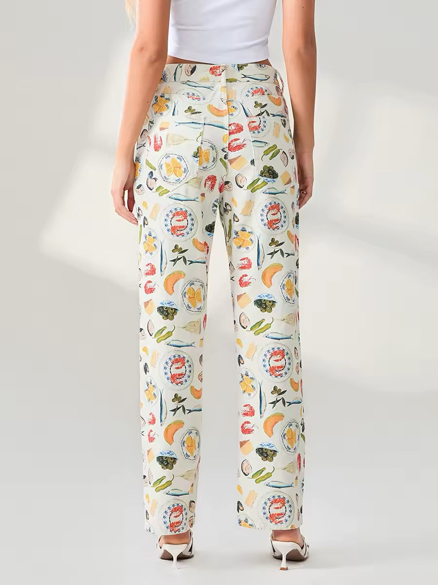 Vintage inspired high waist graphic pants with tomato and pasta print