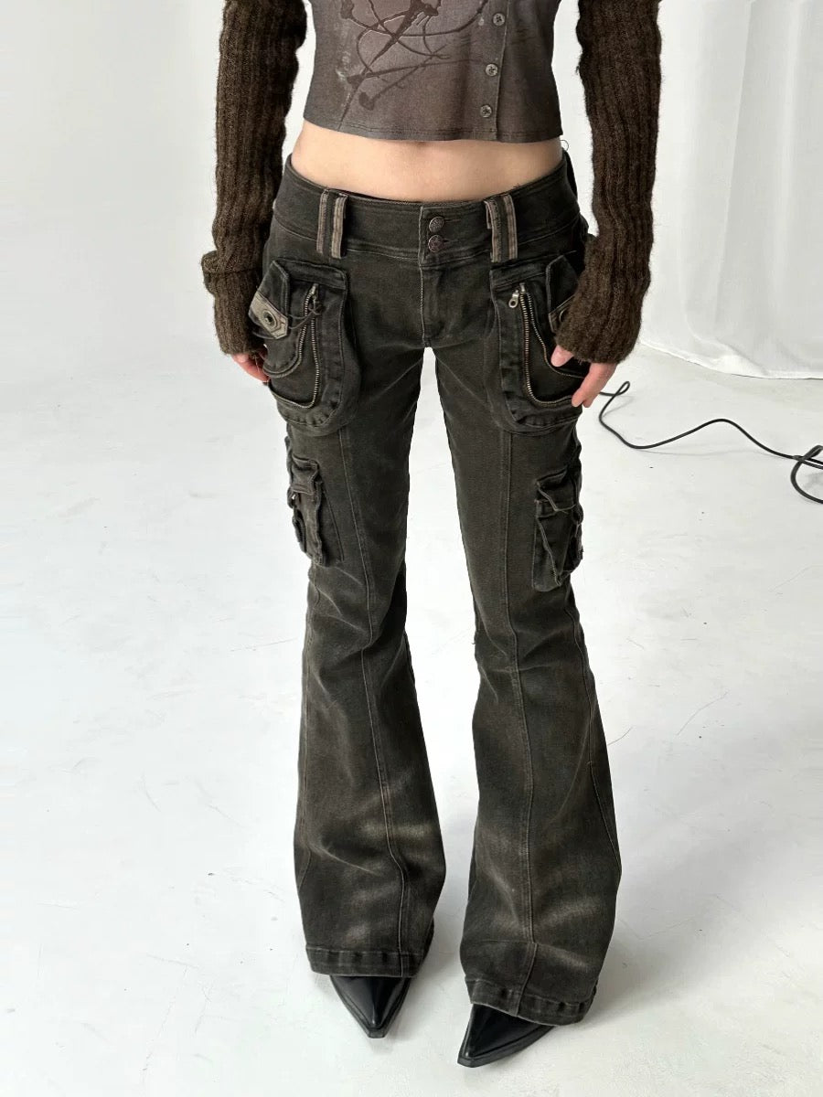 Gyaru streetwear gray cargo jeans for women