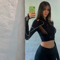 Sexy cyber gothic long sleeve top, aesthetic hollow-out crop tee, cyberpunk techwear with grunge patchwork design, alternative fashion streetwear
