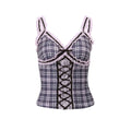 Y2K Korean top with lace patchwork and a plaid print design