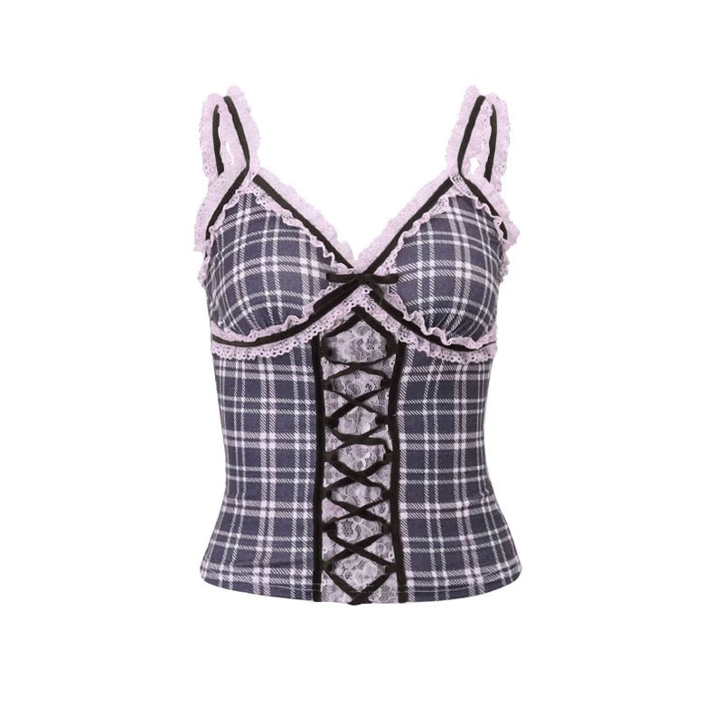 Y2K Korean top with lace patchwork and a plaid print design