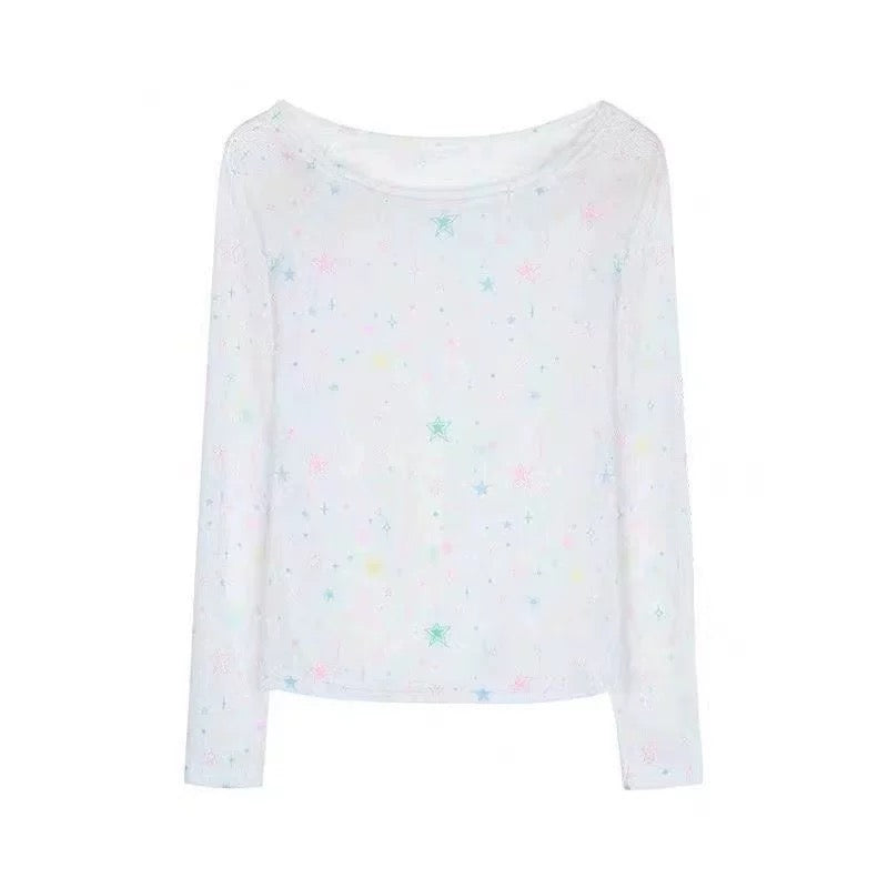 Korean fashion Y2K star print shirt with slimming silhouette and long sleeves, perfect for vintage streetwear lovers